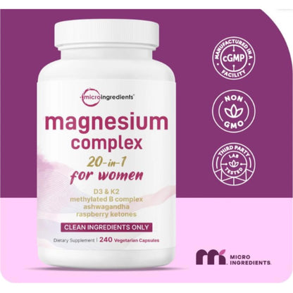 Magnesium Complex 20 en 1 para mujer de Micro Ingredients, frasco de 240 cápsulas