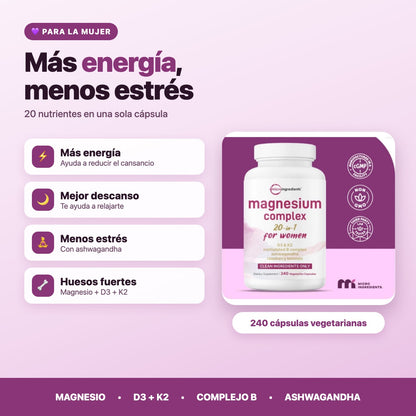 Beneficios del Magnesio Complex 20 en 1 para mujer: más energía, mejor descanso, menos estrés y huesos fuertes