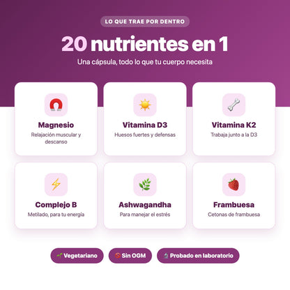 Ingredientes del Magnesio Complex 20 en 1: magnesio, D3, K2, complejo B, ashwagandha y frambuesa
